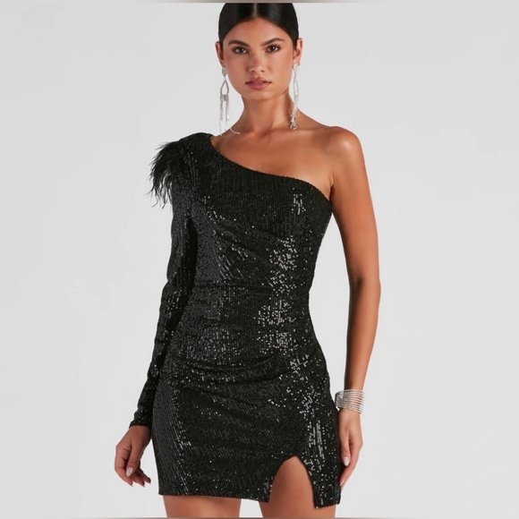 Windsor Sequin Asymmetrical Mini Dress-Black - Picture 1 of 5